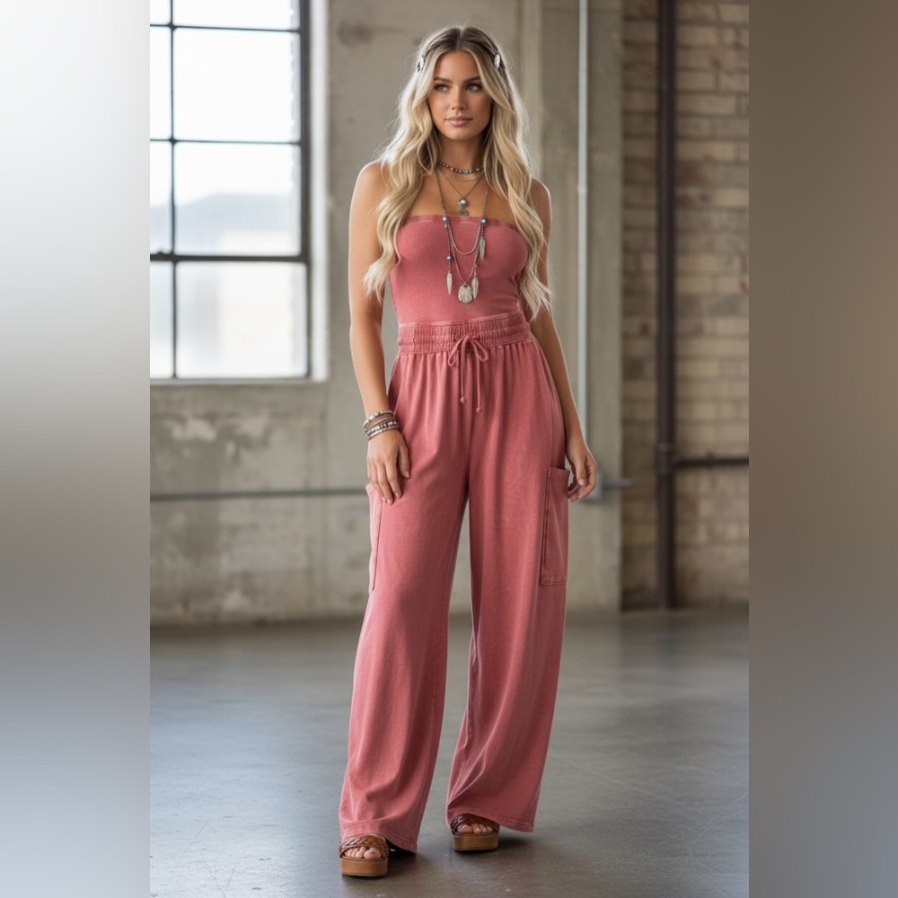 NWT Washed Drawstring Waist Strapless Cargo Pocket Wide Leg Jumpsuit Jumper - Picture 3 of 7